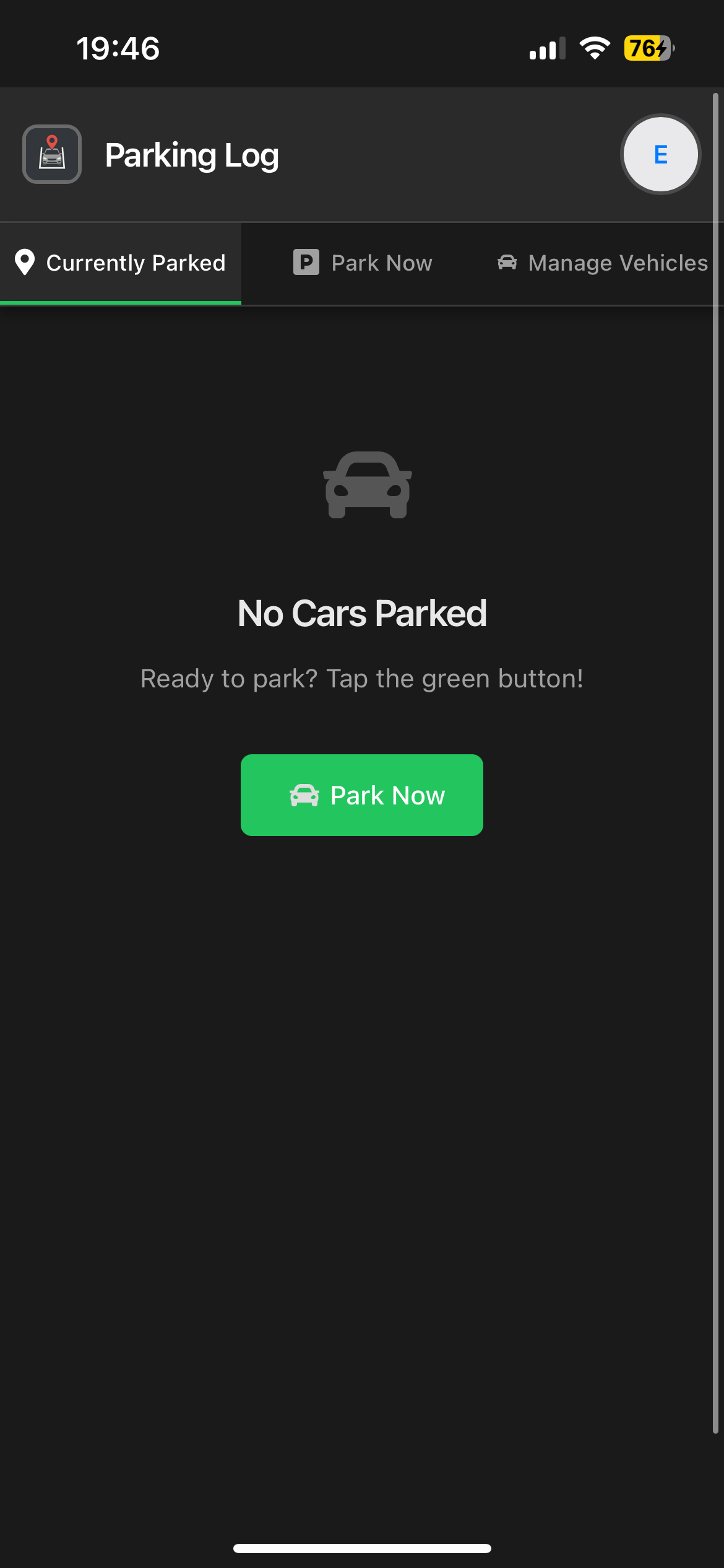 Parking Log Currently Parked screen