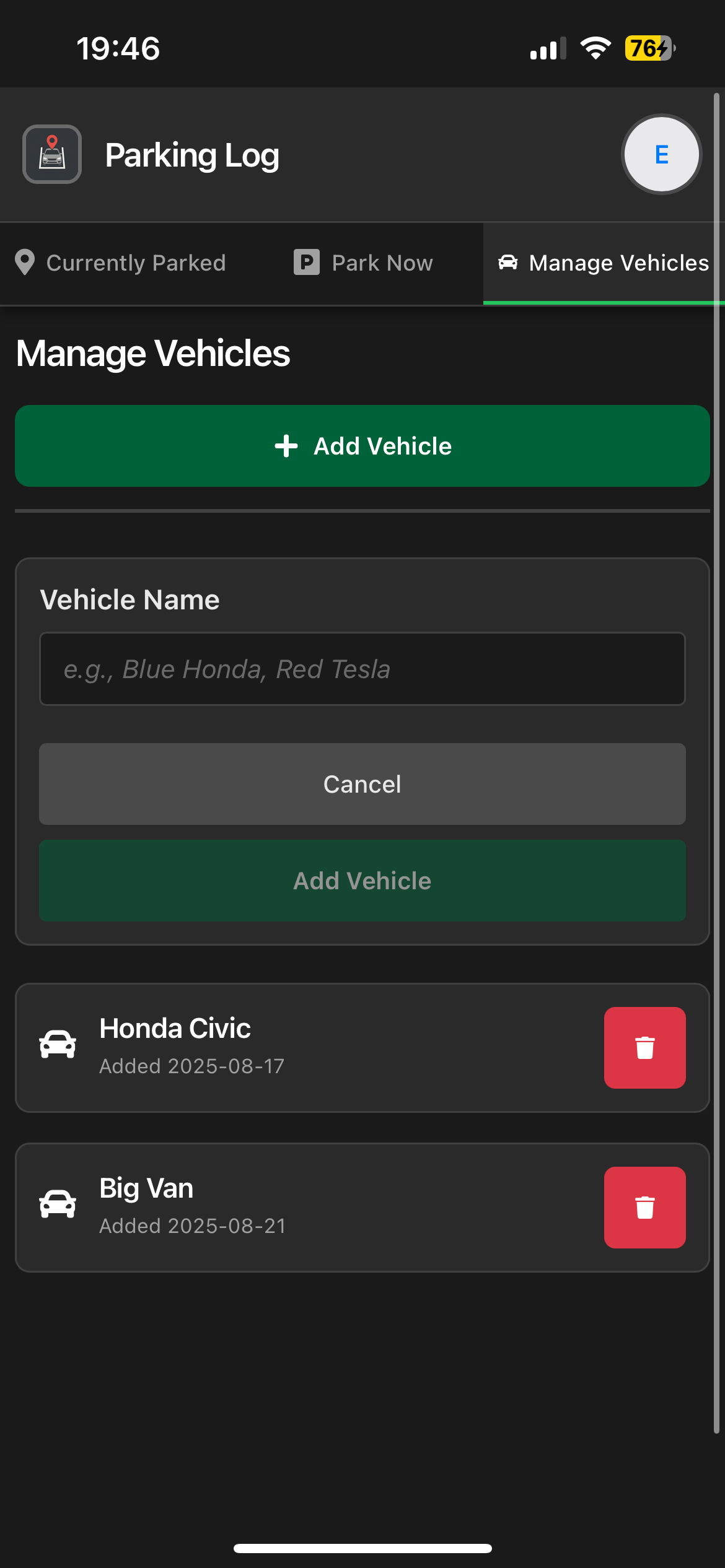 Parking Log Manage Vehicles screen