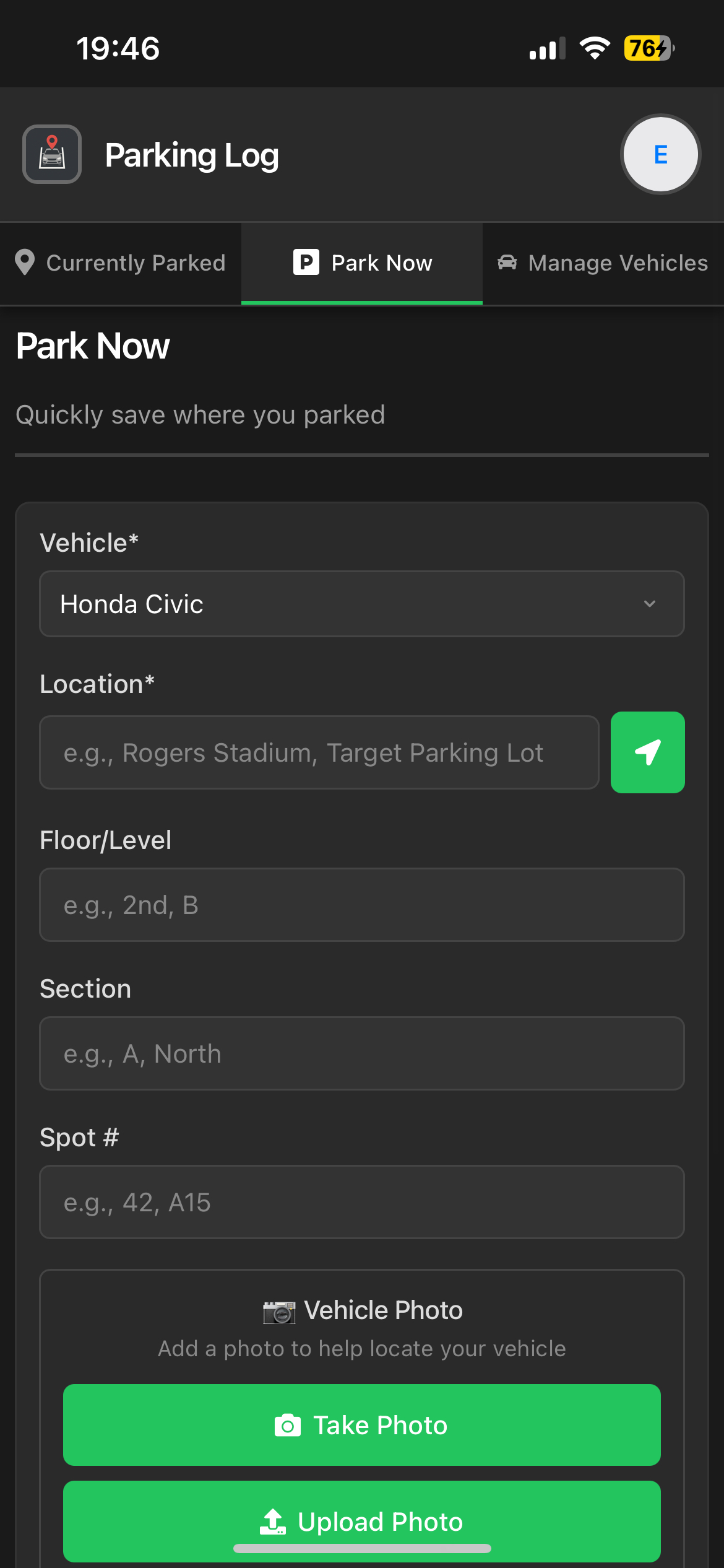 Parking Log Park Now Upper screen