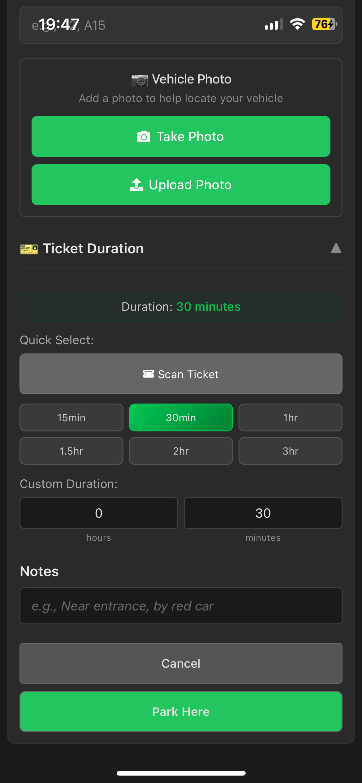Parking Log Park Now Lower screen
